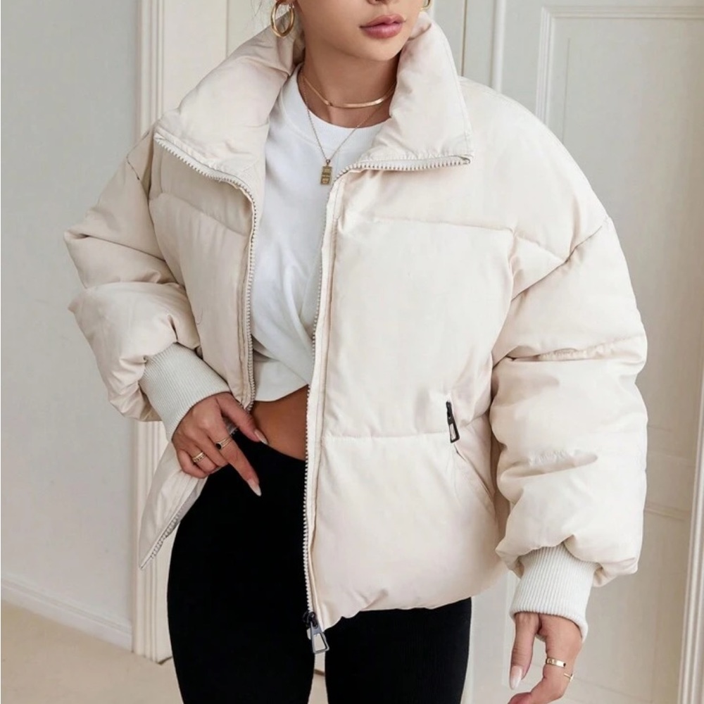 Shein Essnce Zip Up Drawstring Hem Puffer Coat. EUC. Color camel. Size Large. - Picture 7 of 11